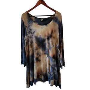 VTG Cal Style Women's Blue Tan Tie-Die Jersey Knit Tunic Top 2XL Lagenlook LS